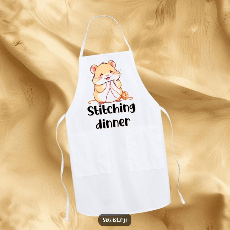 Funny Apron: A smiling hamster diligently threads a needle, celebrating sewing and crafting in the kitchen.