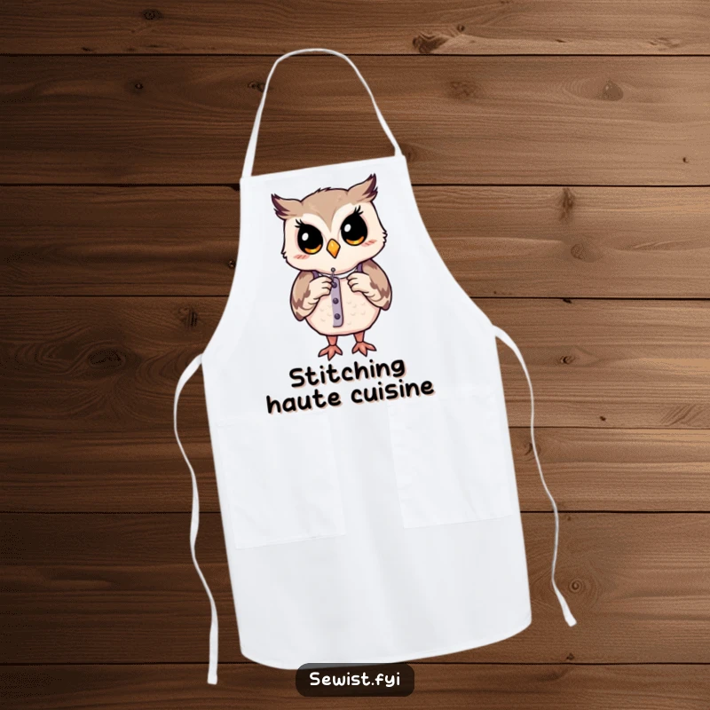 Funny apron: A contented owl wears an apron, carefully adjusting a dress form with a needle, signifying meticulous craftsmanship.