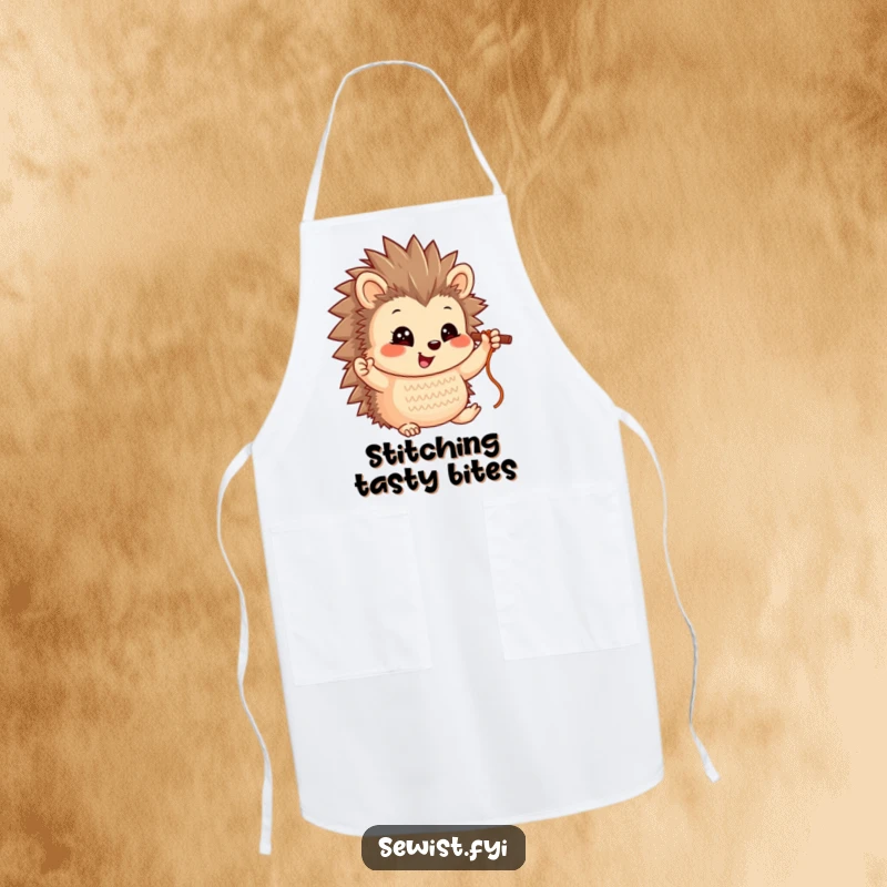 Funny Hedgehog Apron: A smiling hedgehog character proudly holding up a completed stitch, offering protection with a humorous touch.
