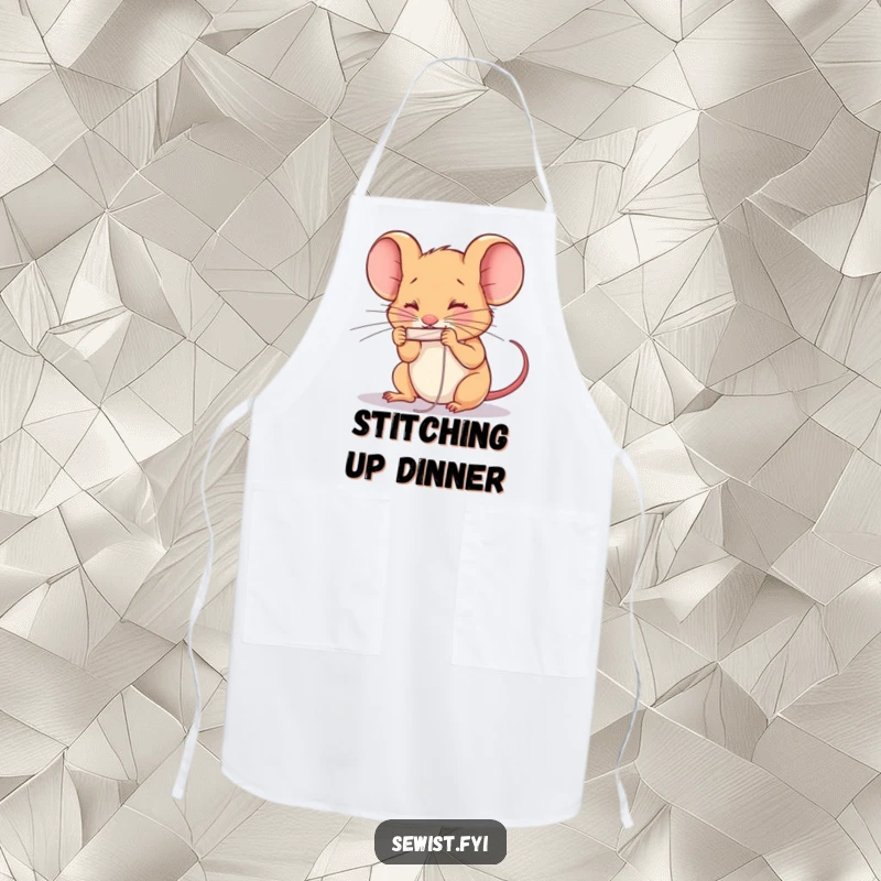 Funny determined mouse threading a needle with intense concentration while wearing an apron. Great funny apron.