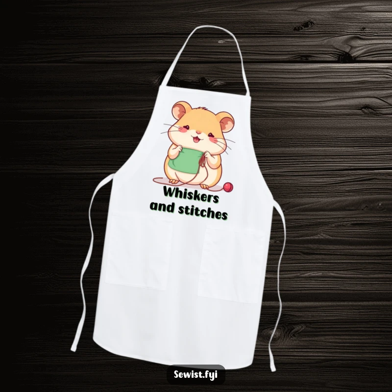 Funny beaming hamster concentrates on sewing with needle and thread, a humorous apron for crafty chefs.