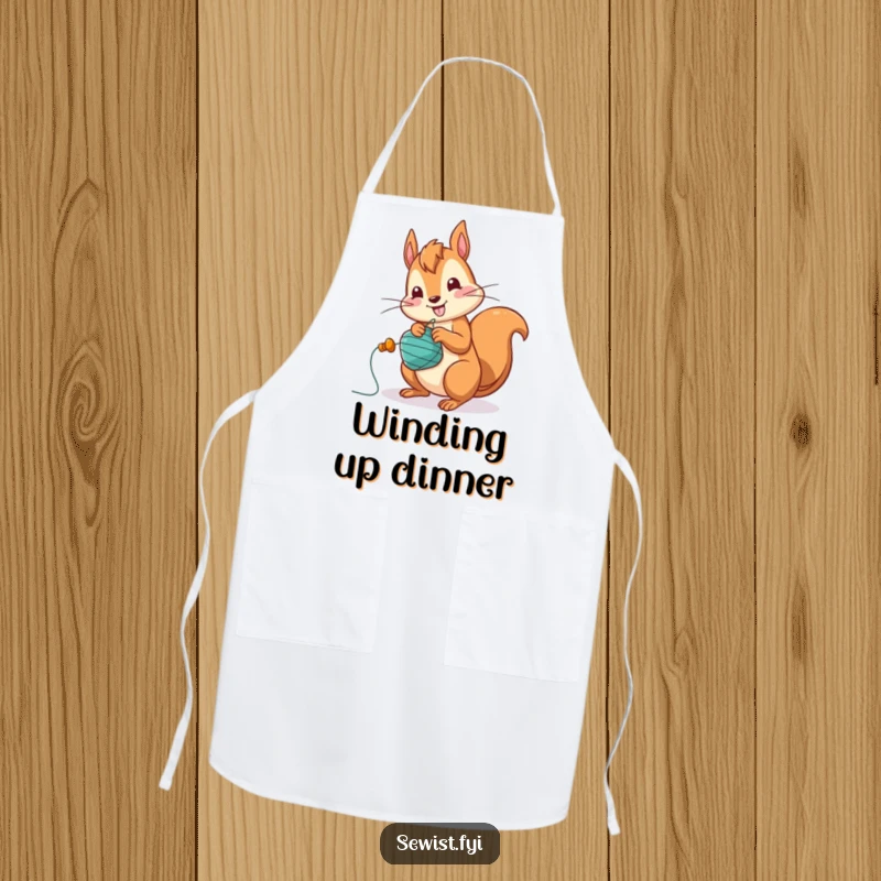 Funny Squirrel Apron: A jolly squirrel character winding a bobbin with great speed, offering protection with humor.