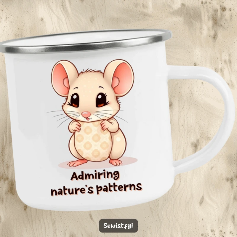 Funny Mouse Camping Mug: Curious mouse with wide eyes examining patterned fabric, durable enamel mug for outdoor exploration.