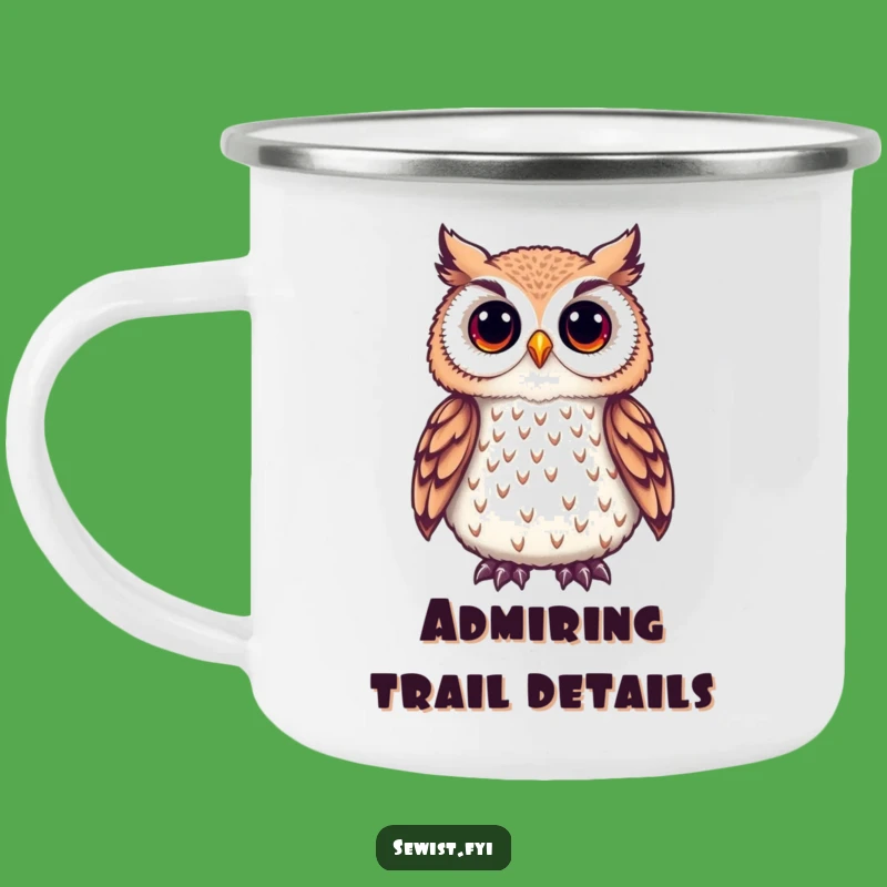 Funny Owl Crafter Camping Mug: A Cute Owl Admiring Embroidered Detail