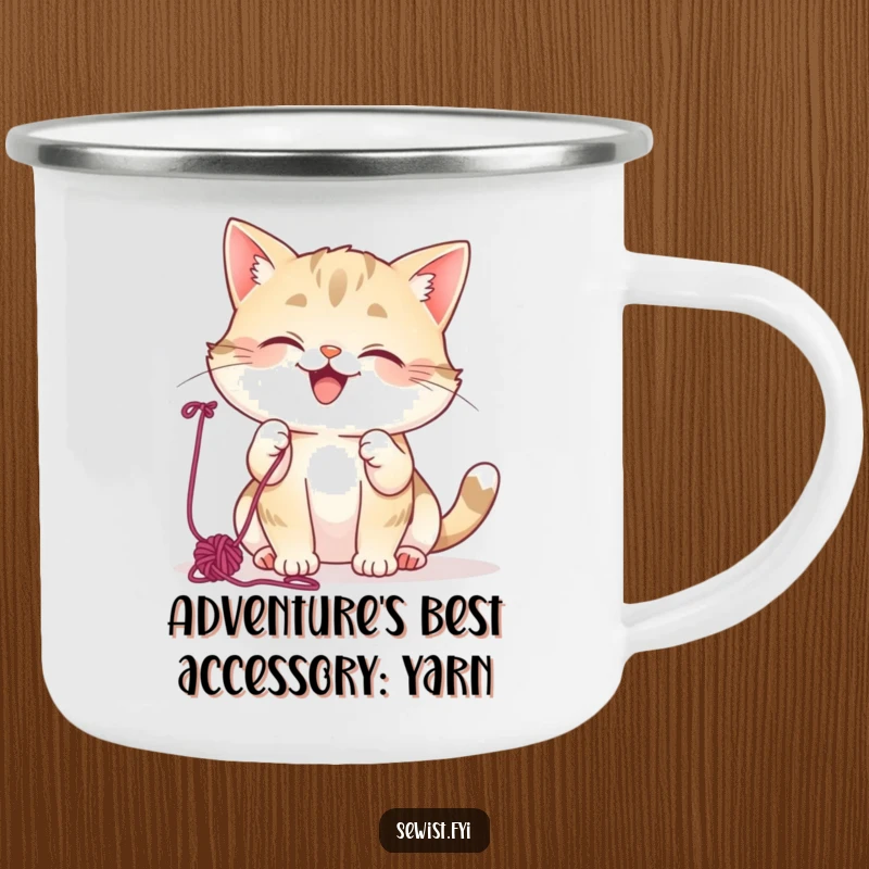 Funny Cat Camping Mug: Mischievous cat giggling, batting colorful yarn, durable enamel mug for outdoor fun.