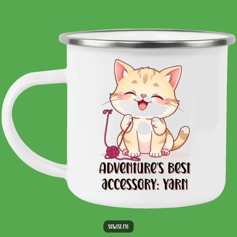 Funny Cat Yarn Camping Mug: Mischievous Giggling Kitty Enamel Mug, Perfect Gift