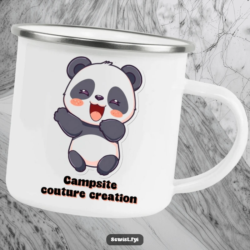 Funny Panda Camping Mug featuring a giggling panda cutting fabric with a flourish, great for crafters on the go.