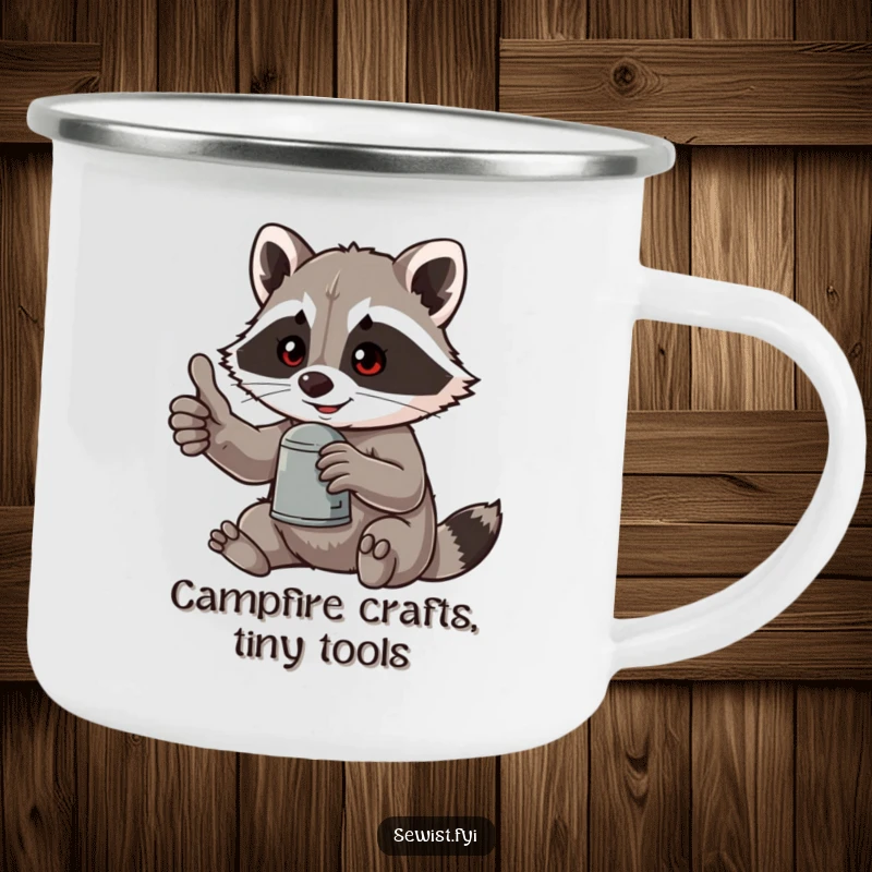 Funny, durable camping mug with a mischievous raccoon giving a thumbs-up, holding a thimble, perfect for outdoor adventures and humor.