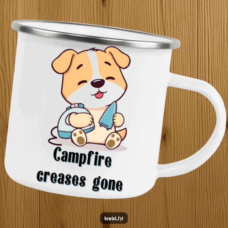 Funny Dog Ironing Seam Camping Mug: A sturdy mug featuring a content dog meticulously ironing a small seam with a mini iron, for tidy outdoor enjoyment.
