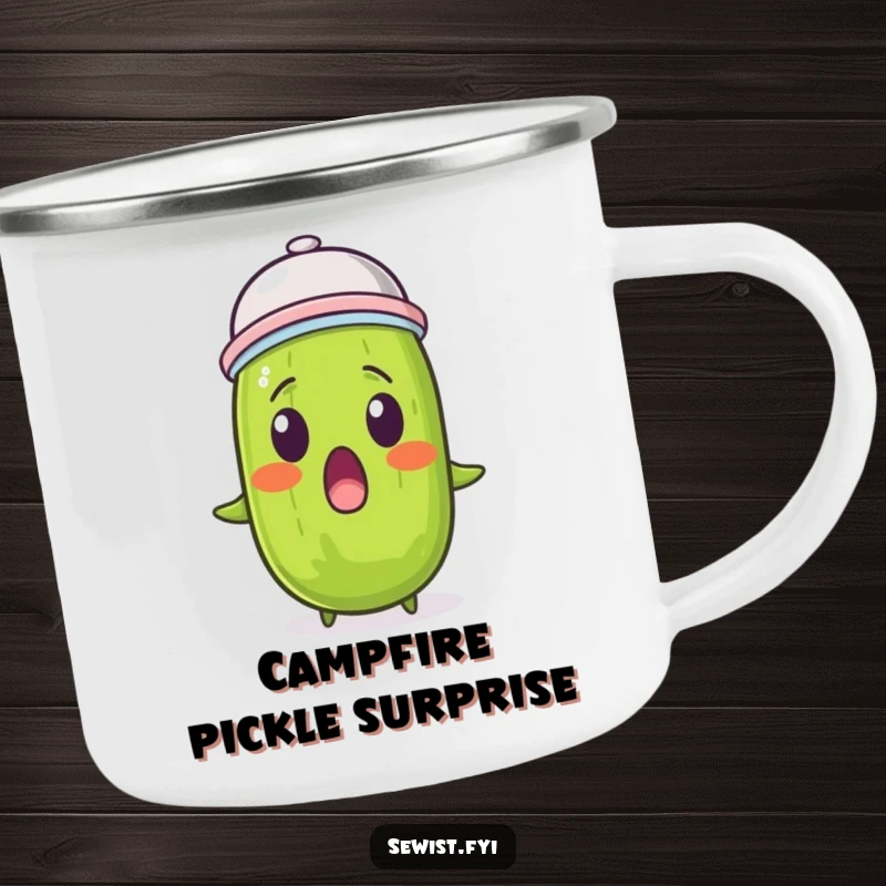 Funny pickle camping mug showing a surprised pickle wearing a thimble, perfect for outdoor adventures.