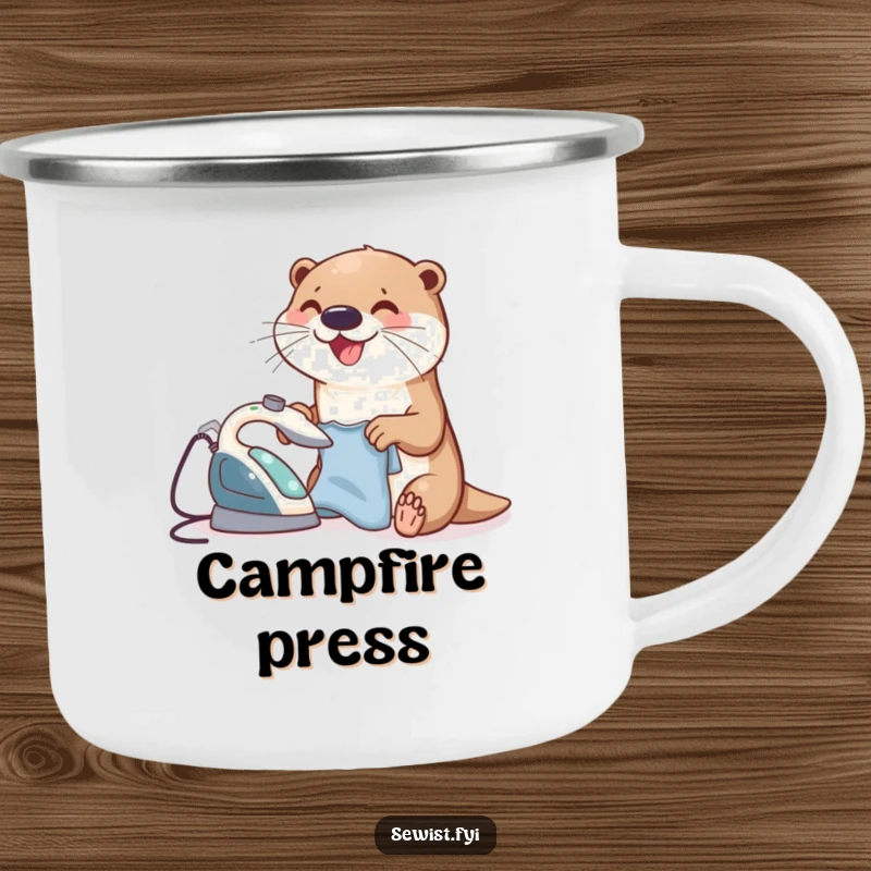 Funny Otter Camping Mug with a joyful otter ironing a small garment using a tiny iron, perfect for rustic and humorous outdoor sipping.