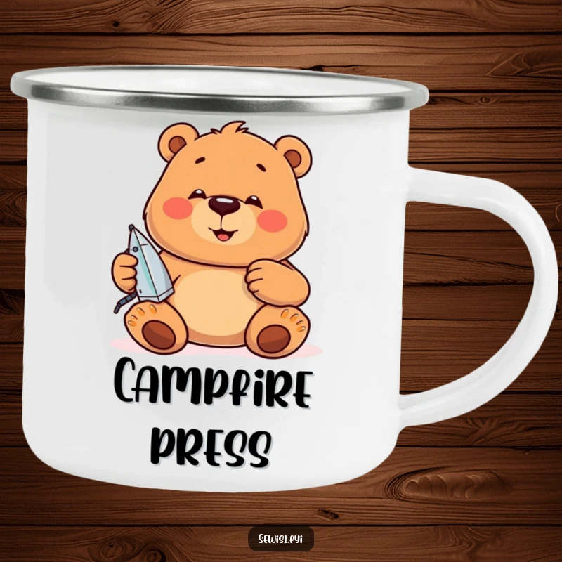 Funny Camping Mug: A jovial bear concentrates on ironing seams, perfect for sipping during focused adventures.