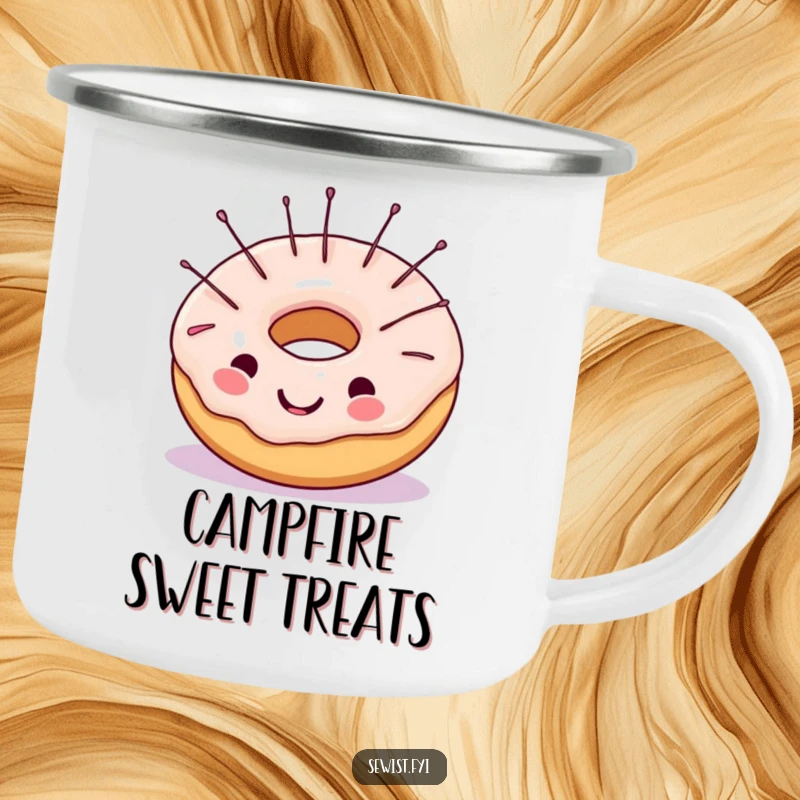 Funny camping mug featuring a cheerful donut with sewing needles, a sweet and humorous item for outdoor crafting or relaxation.