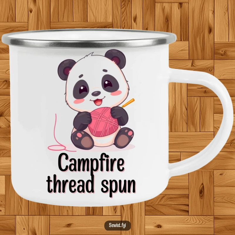 Funny Panda Camping Mug: A playful panda spinning thread, great for outdoor sips and humorous fun, a fun gift.