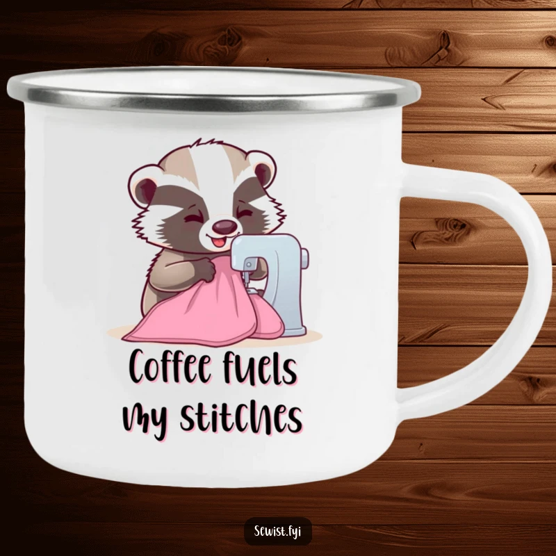 Funny Badger Camping Mug: A happy badger sewing fabric, ideal for outdoor adventures and cozy drinks, a humorous gift for campers.