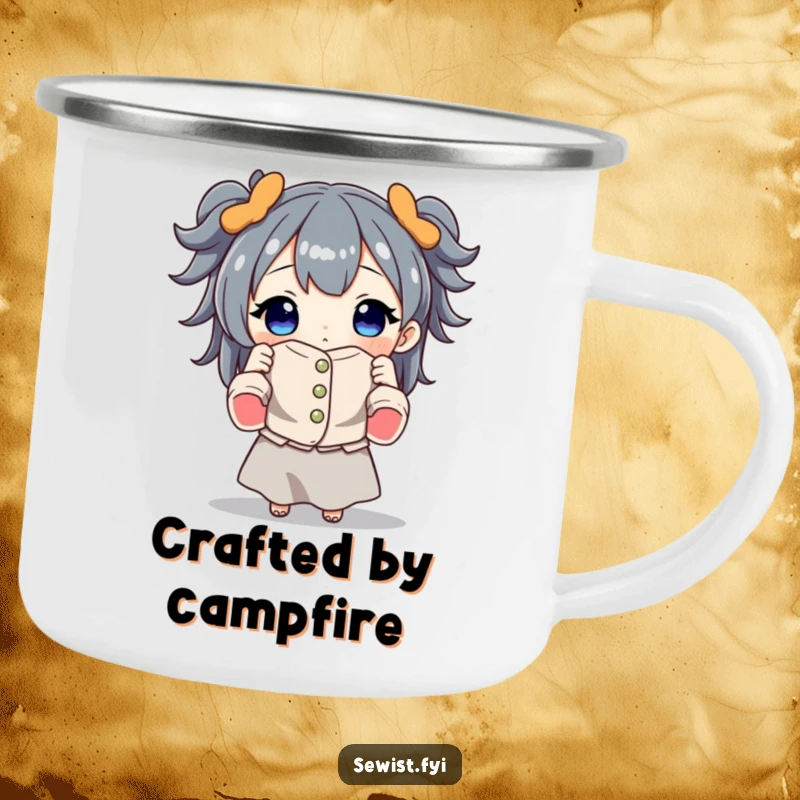 Funny camping mug featuring a proud character holding a beautifully sewn garment, perfect for outdoor crafting enthusiasts and coffee lovers.