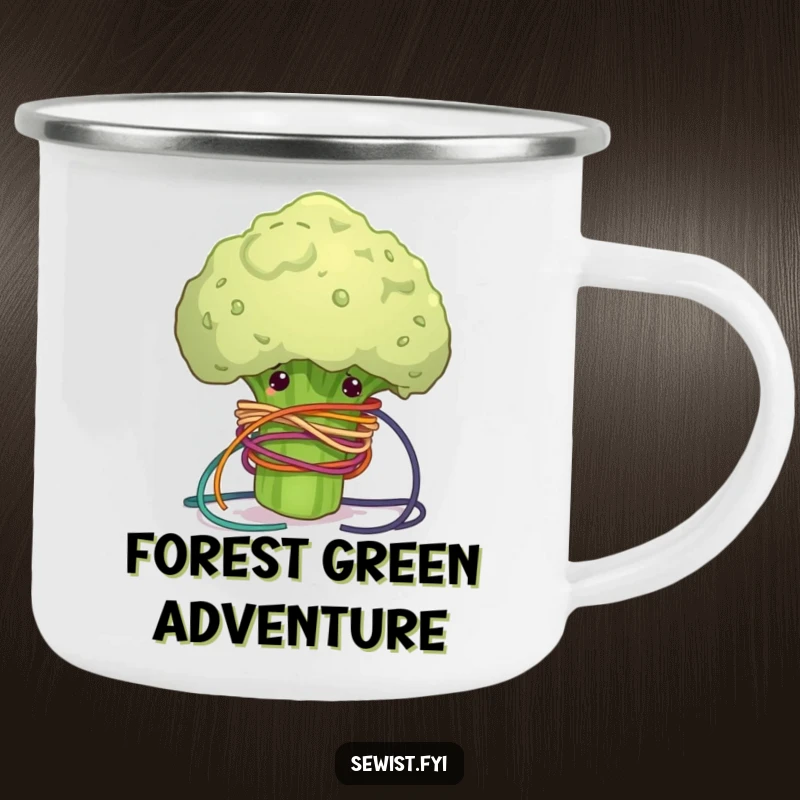 Funny camping mug featuring a clumsy broccoli floret hilariously tangled in colorful sewing thread, great for outdoor crafting.