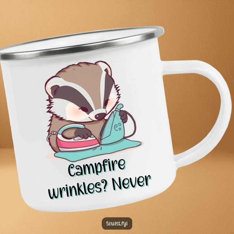Funny Badger Ironing Camping Mug - A rugged mug with a humorous badger focused on ironing a seam, ready for outdoor use.