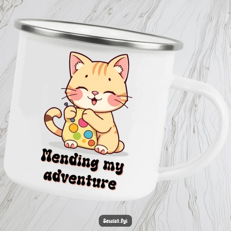 Funny enamel camping mug with a cheerful cat character stitching, a rugged funny gift.