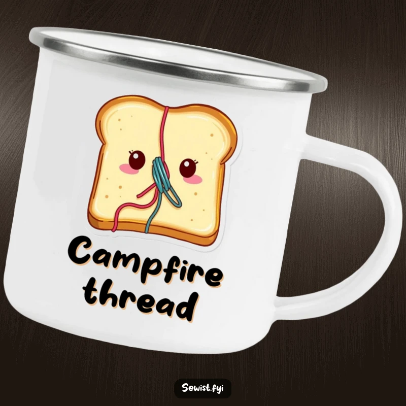 Funny toast camping mug with a cheerful piece of toast with vibrant thread emerging, perfect for outdoor use.