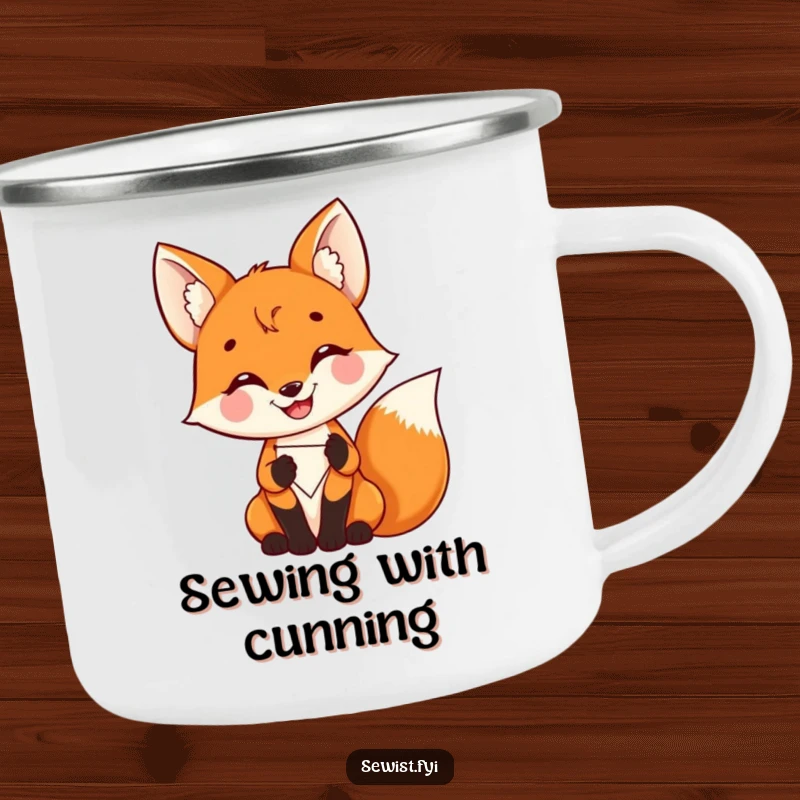 Funny Fox Camping Mug: Enamel mug with a delighted fox stitching, perfect for outdoor crafting humor, gift.