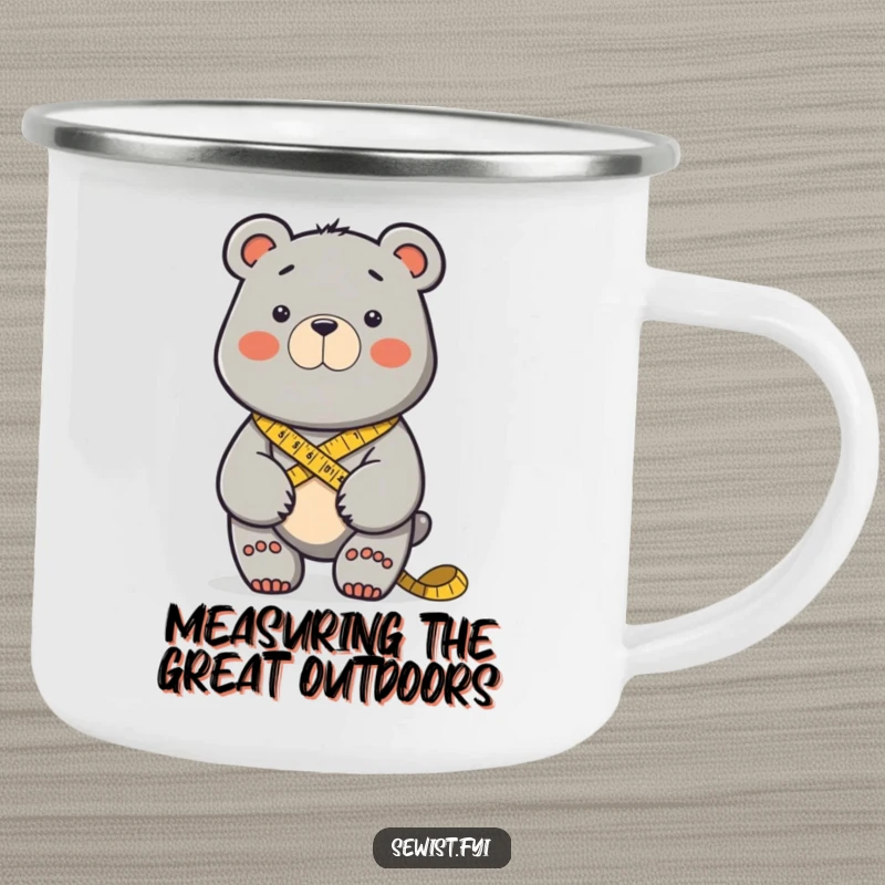 Funny determined bear measuring fabric with a tape measure in an outdoor setting. Sturdy funny camping mug.