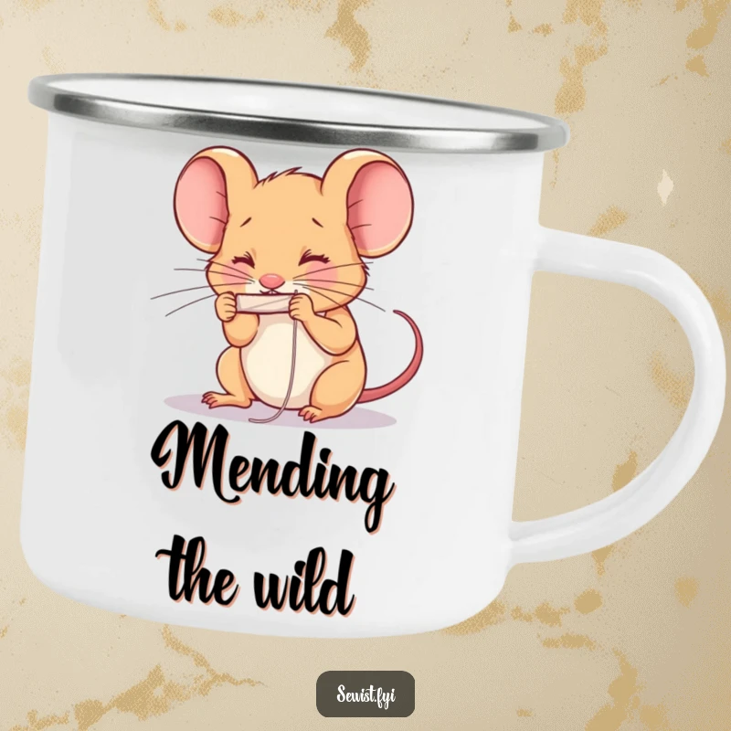 Funny determined mouse threading a needle with intense concentration in an outdoor setting. Sturdy funny camping mug.