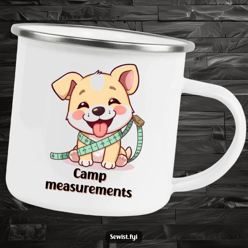 Funny camping mug with a happy dog measuring fabric with a tape measure, perfect for outdoor crafters.