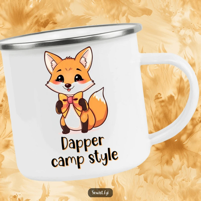 Funny camping mug with a charming fox adjusting its bow tie, combining outdoor durability with a humorous, stylish design.