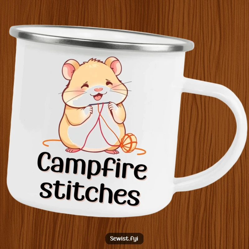 Funny Camping Mug: A smiling hamster intently threads a needle, perfect for sipping during crafting adventures.