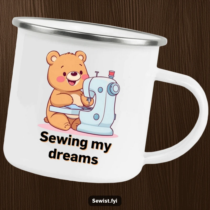 Funny Bear Camping Mug: Enamel mug with a happy bear sewing, perfect for outdoor crafting humor, gift.