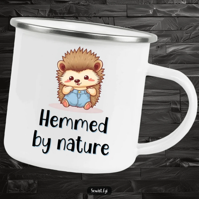 Funny Hedgehog Camping Mug: A proud hedgehog admiring a neat seam, great for outdoor sips and humorous pride, a fun gift.