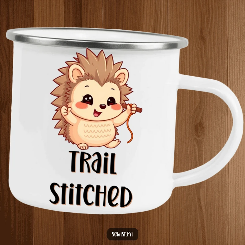 Funny Hedgehog Camping Mug: A smiling hedgehog character proudly holding up a completed stitch, ideal for outdoor crafting celebrations.