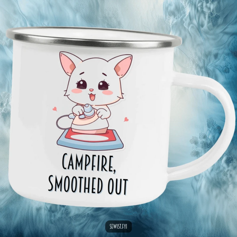 Funny camping mug with a character enthusiastically ironing a flat creation, designed for outdoor crafting enjoyment.