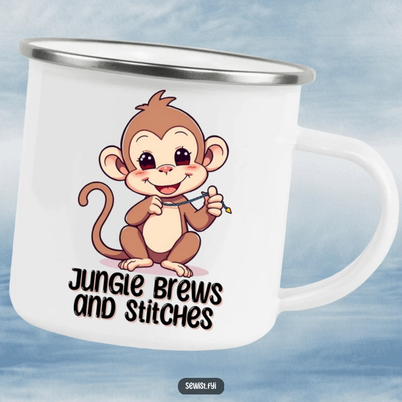 Funny camping mug: A playful monkey demonstrates a zigzag stitch amidst nature, bringing sewing artistry to the great outdoors.