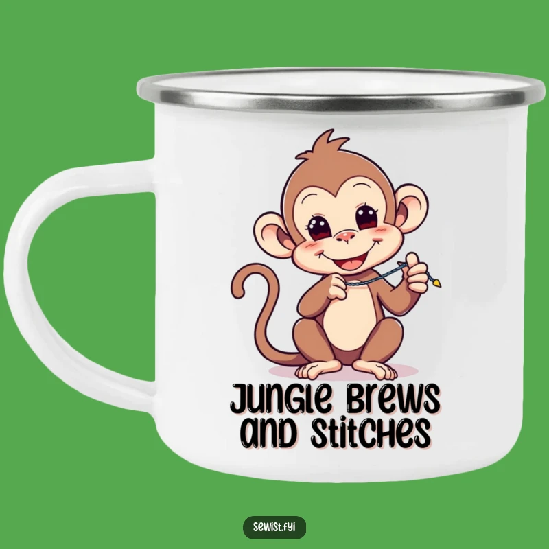 Funny Monkey Stitch Camping Mug: Playful Primate's Outdoor Sewing, Gift
