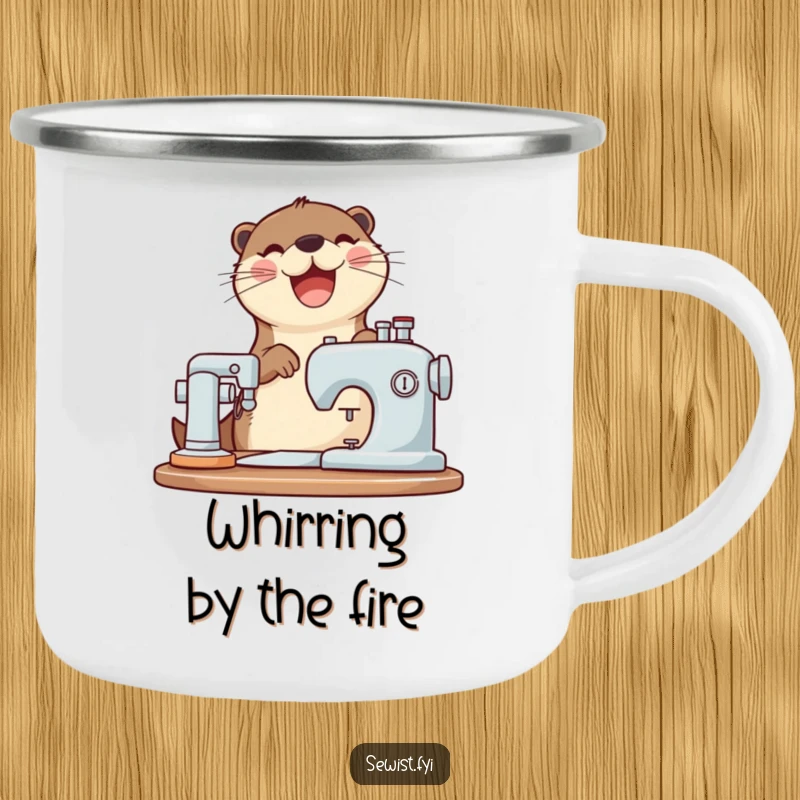 Funny otter camping mug with a joyful otter operating a sewing machine, durable for outdoor use.