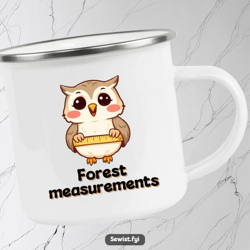 Funny Camping Mug: A delighted owl measures cloth, perfect for sipping during intelligent outdoor adventures.