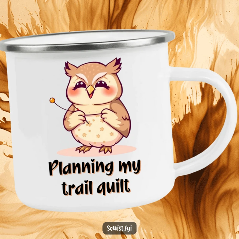 Funny owl seamstress camping mug, a joyful bird pinning a fabric pattern with focused precision, ideal for outdoor crafting and as a humorous gift.