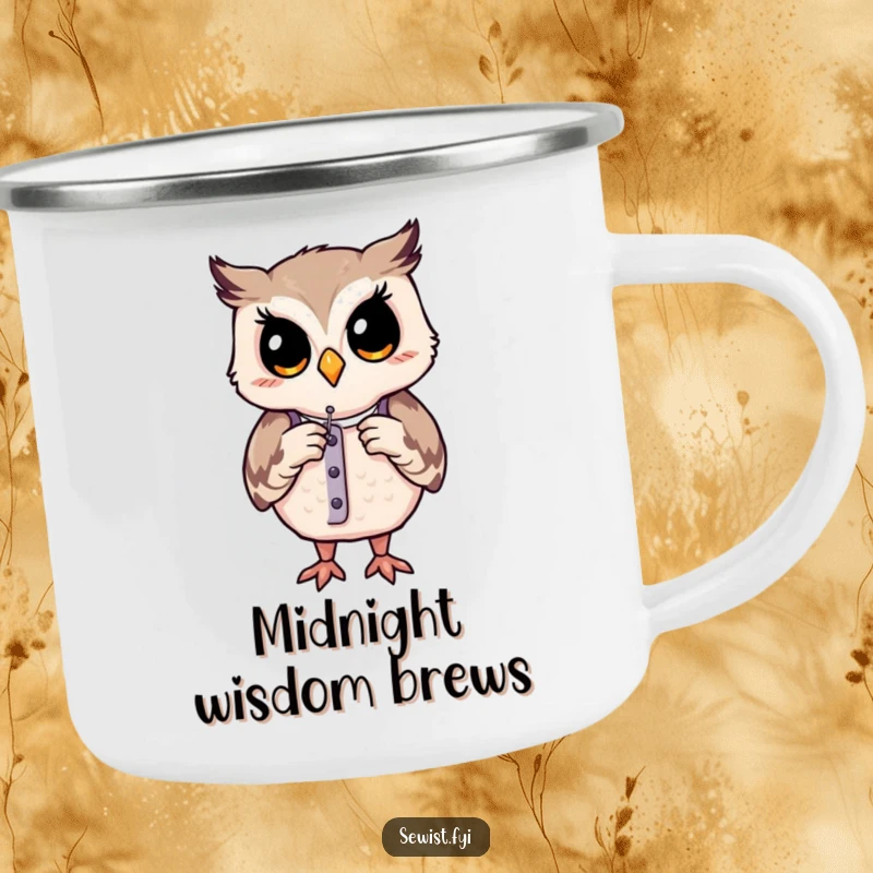 Funny camping mug: A contented owl adjusts a dress form with a needle, bringing meticulous fashion design to the wilderness.