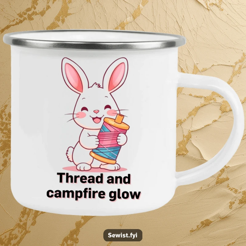 Funny Rabbit Camping Mug: Sturdy mug showing a cheerful rabbit holding a colorful spool of thread, perfect for crafters.