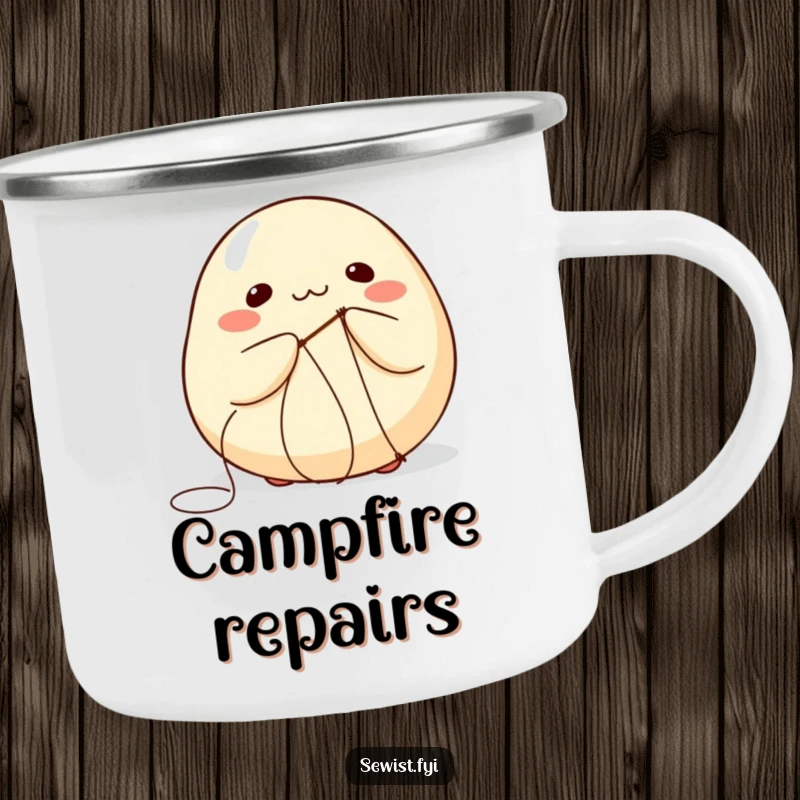 Funny camping mug with a dumpling comically trying to stitch itself, perfect for outdoor foodies.