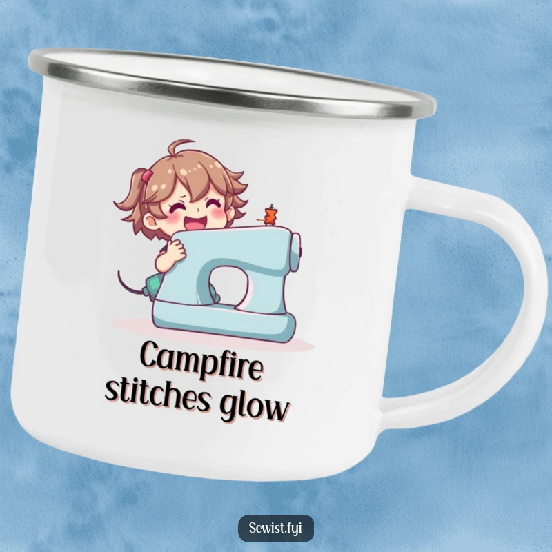 Funny sewing machine camping mug, happy character using a sewing machine outdoors.