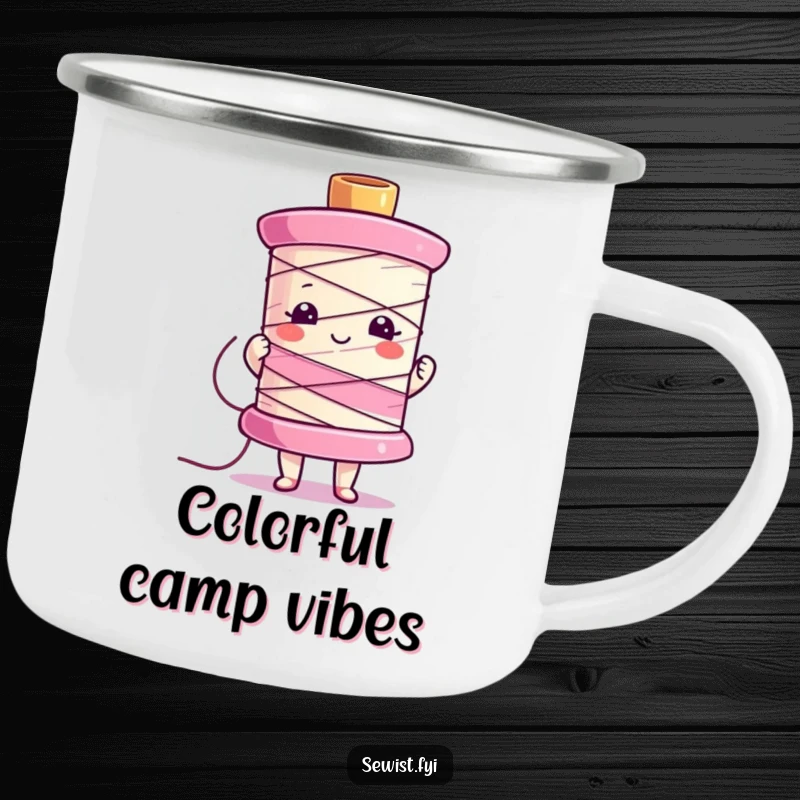 Funny camping mug of a character proudly holding a colorful sewing spool, perfect for outdoor crafting sessions.