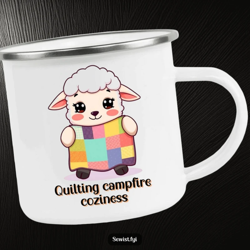 Funny sheep gazing in wonder at a colorful patchwork quilt, an enamel camping mug celebrating quilting and outdoor humor.