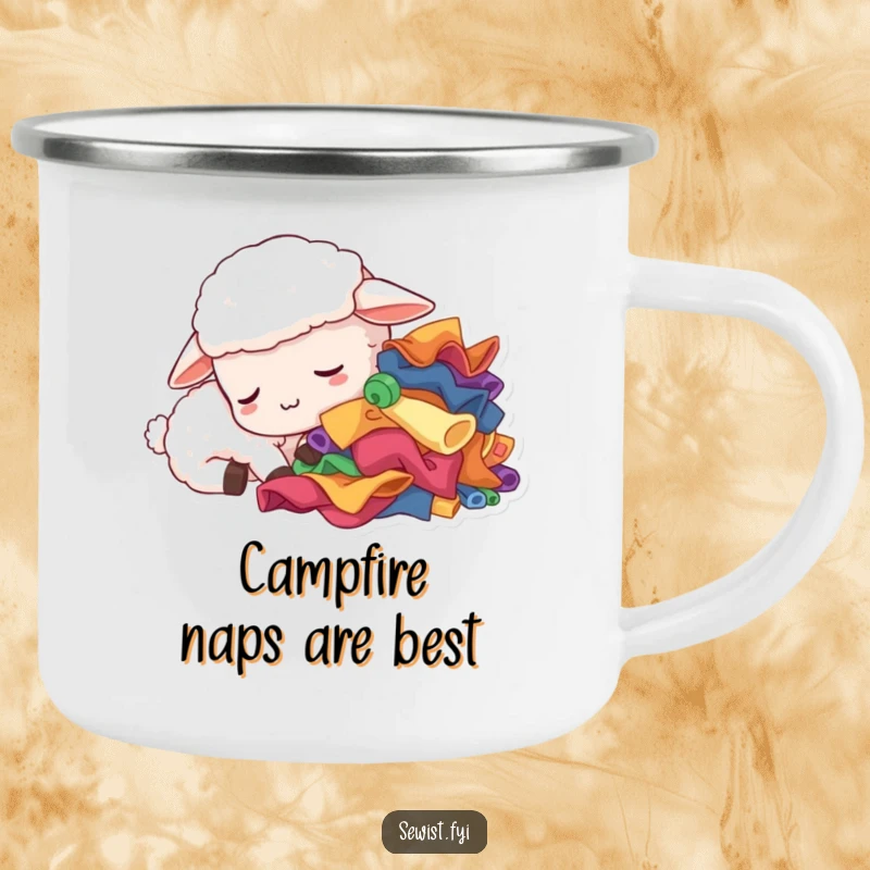 Funny sleepy sheep camping mug, a tired creature dozing near fabric scraps, ideal for outdoor crafting and as a humorous gift.