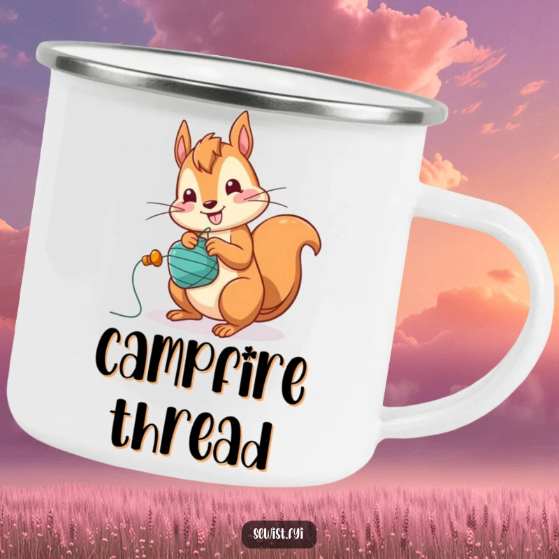 Funny Squirrel Camping Mug: A jolly squirrel character winding a bobbin with great speed, ideal for fast outdoor crafting.