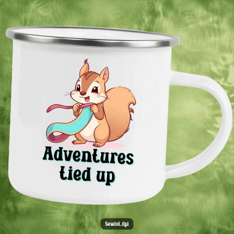 Funny mischievous squirrel unfurls a vibrant ribbon with a flourish, a durable camping mug for fun lovers.