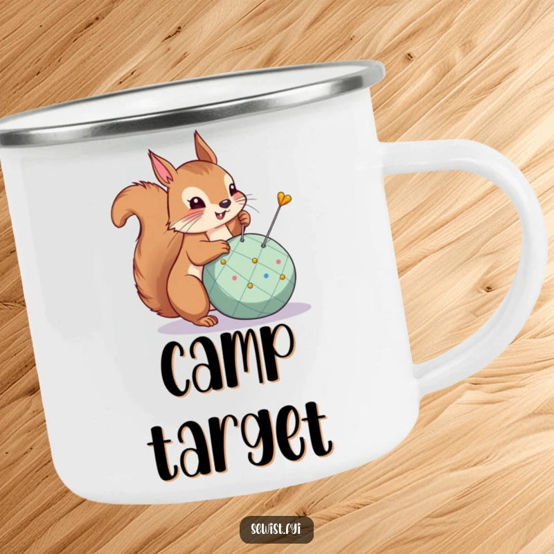 Funny Camping Mug: A proud squirrel pins a dart, perfect for sipping during victorious outdoor adventures.