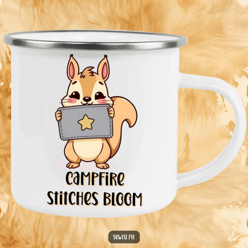 Funny camping mug: A cheerful squirrel proudly displays a sewn patch while enjoying the outdoors, blending craft and nature.